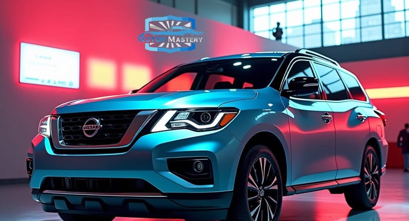 a blue nissan suv parked in a garage