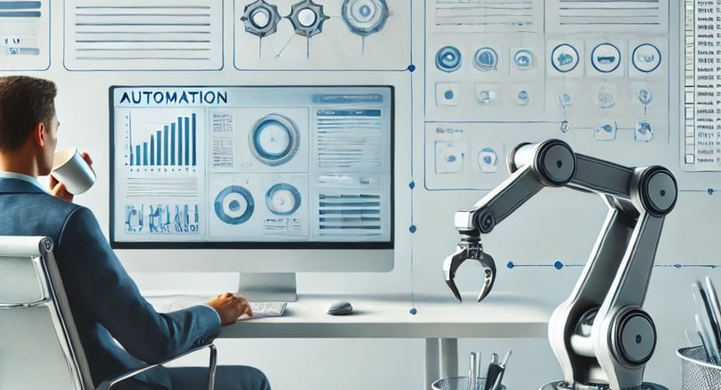 a man sitting at a desk with a robot automation automatisation