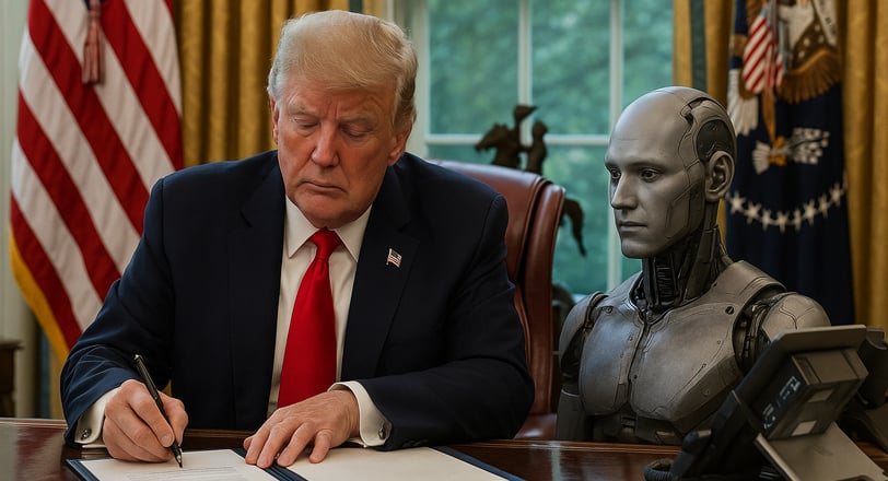 Donald Trump sentado à mesa do Salão Oval da Casa Branca, assinando documentos oficiais com express