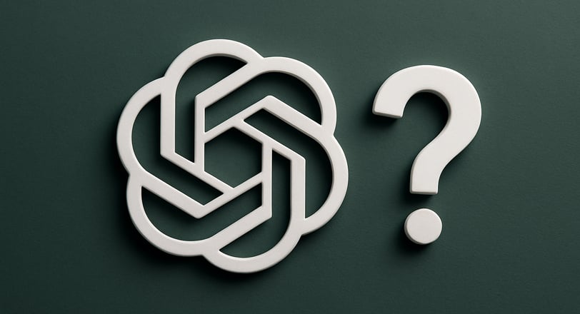 Logo 3D do ChatGPT branco ao lado de um ponto de interrogação em alto-relevo, sobre fundo verde escu