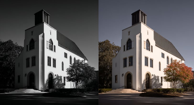 Side-by-side comparison of the same building in black and white and in color, under clear daylight.