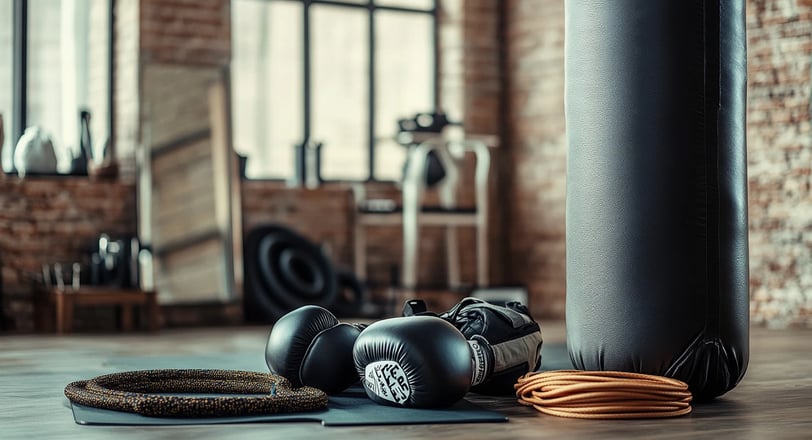 Équipement essentiel de boxe avec gants noirs, corde à sauter et sac de frappe dans une salle