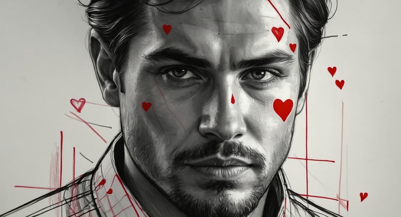 a sketch of man with a beard and hearts on his face