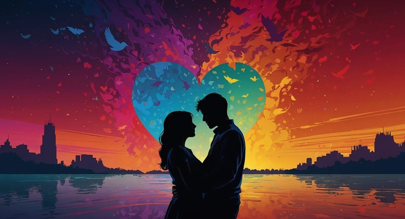 a couple standing in front of a heart shaped sunset