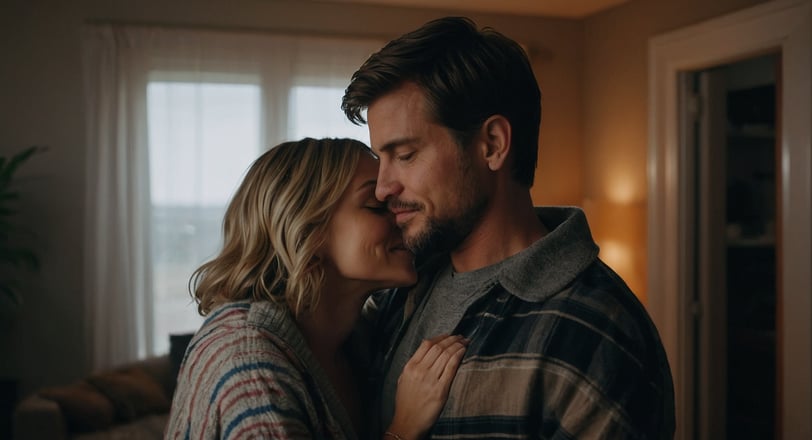 a man and woman kissing in a living room