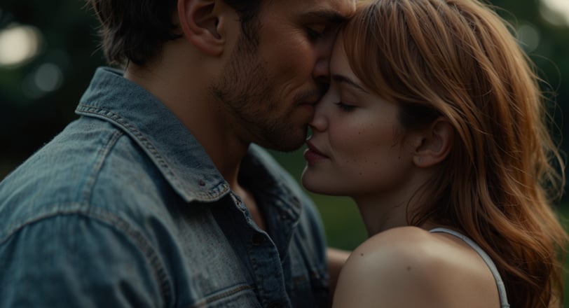 a man and woman kissing in a field
