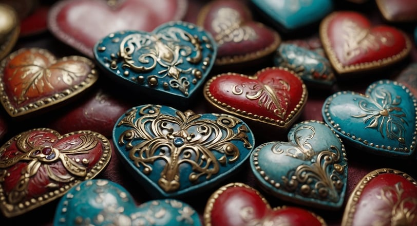 a bunch of heart shaped jewelry on a table