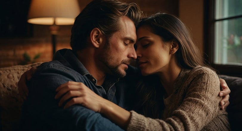 a man and woman sitting on a couch