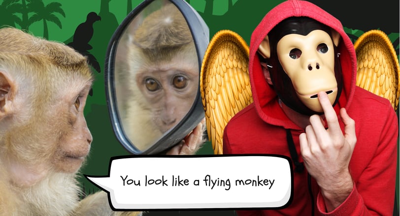 a monkey looking in a mirror and a man in monkey face mask