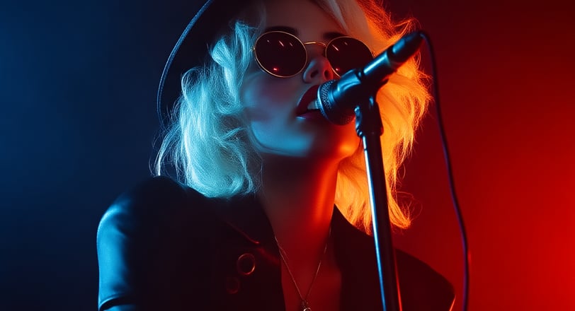 Aivy Monroe singing, neon light