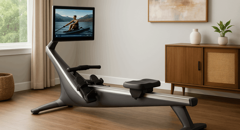 The Hydrow Core Rower sitting in a clean living room with the screeneluminated