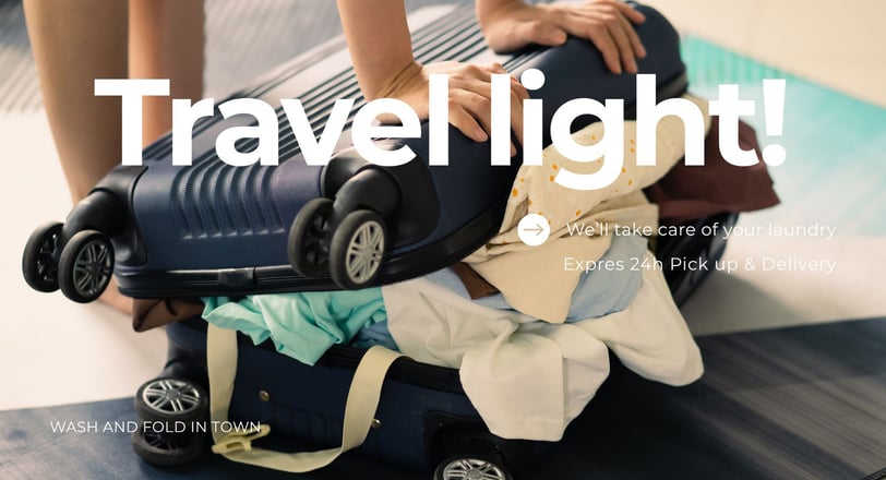 Overpacked suitcase with clothes spilling out, promoting 24h laundry delivery