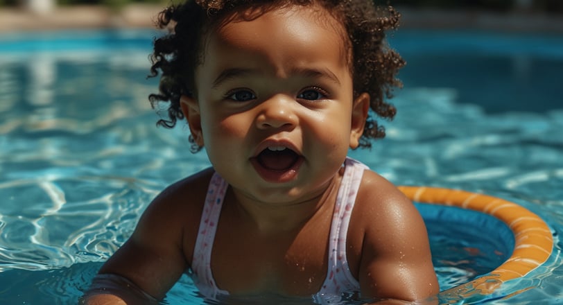 a baby girl in a swimsuit in a pool