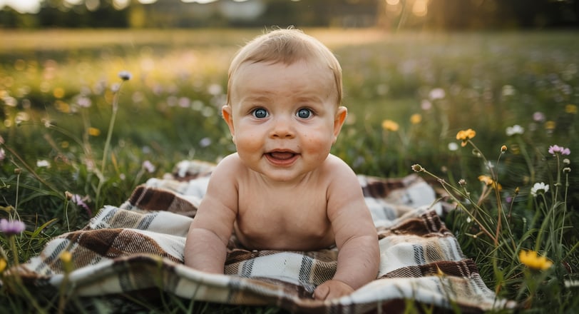 a baby is smiling and sitting on a blanket
