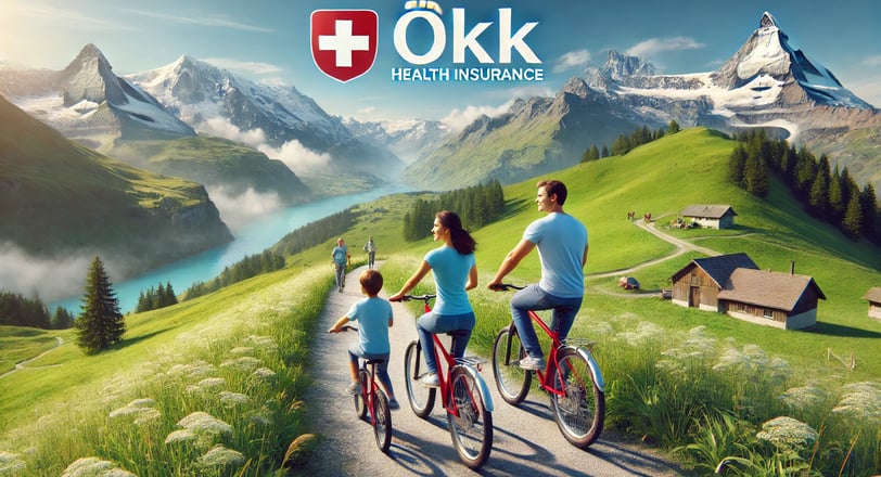 image plus réaliste d'une famille suisse faisant du vélo sur un sentier alpin, illustrant bien-être et sécurité en lien avec