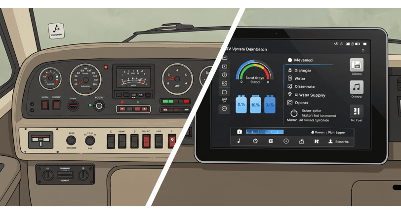 Comparison showing the evolution from old RV controls to modern Smart RV technology interfaces,