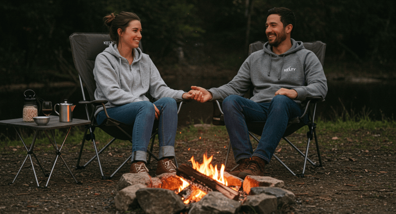 Kelty Camping Chair, couple sitting around a campfire sitting in a comfortable camping chair