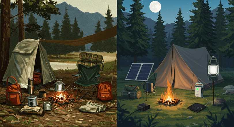 Image of basic camping gear and modern campsite with new tech gear