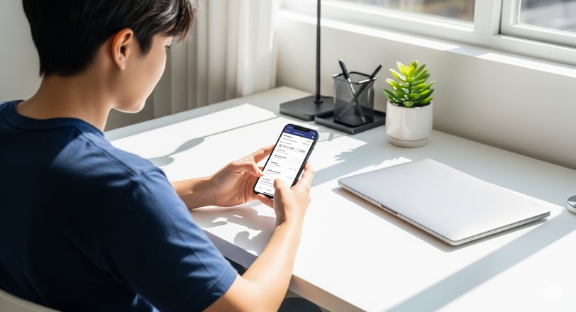 Um jovem adulto sentado a uma secretária moderna e limpa, a usar um smartphone para otimizar o desem