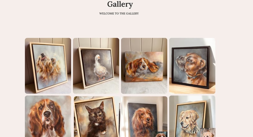 A gallery of wall art featuring pet portraits and animal art on canvas.