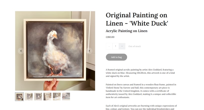 An original painting for sale of a white duck painted onto canvas and framed ready to hang