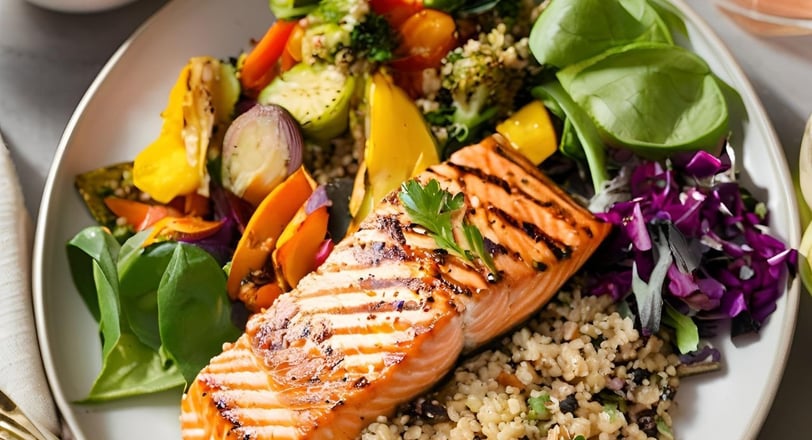 a plate of food with grilled salmon