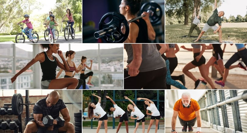 a collage of a group of people doing different exercises