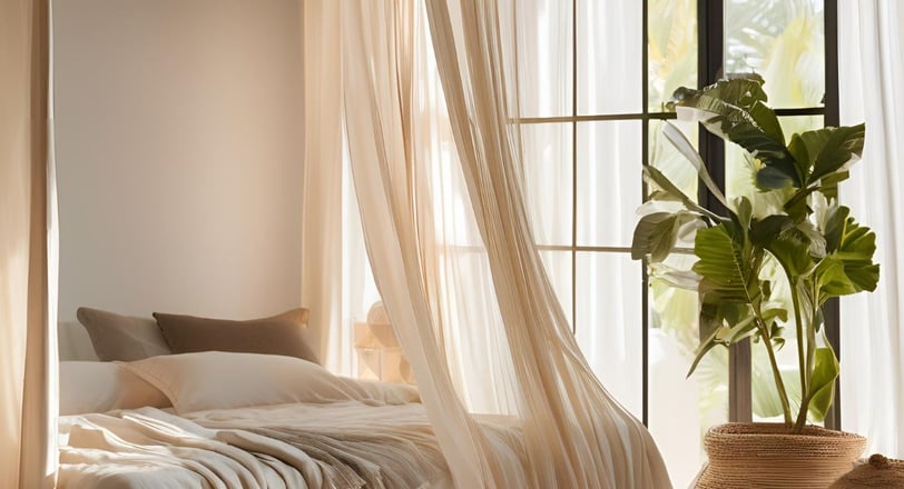 a bed with white sheets and a plant in the background