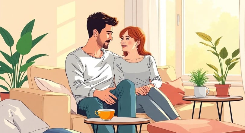 a man and woman sitting on a couch in a living room