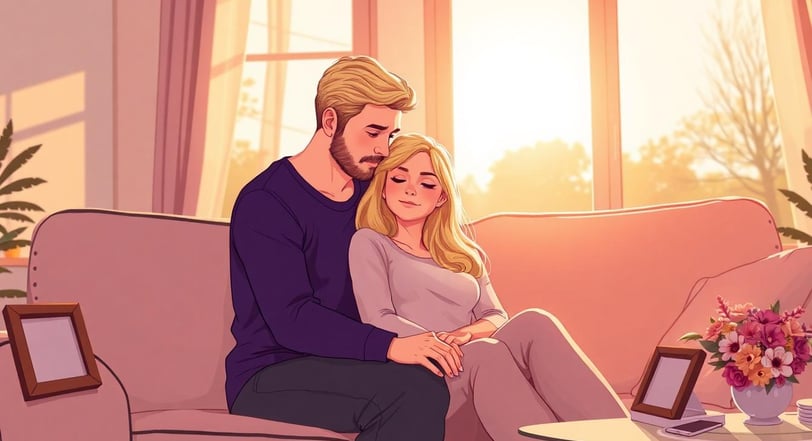 a man and woman sitting on a couch in a living room