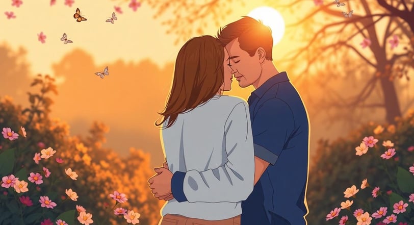 a couple of people standing in front of a sunset