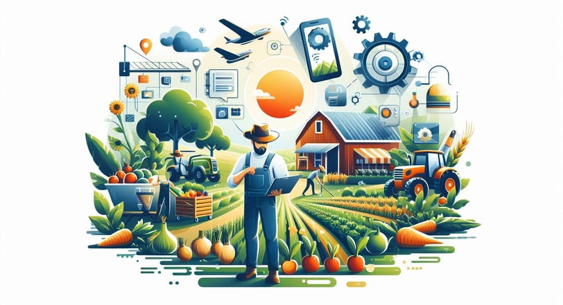 a farmer with laptop standing in front of a farm
