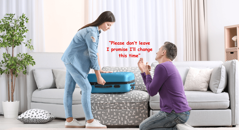 Woman closing a suitcase and a man on his knees pleading
