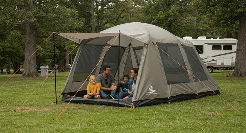 Family enjoying a spacious and easy setup tent at a scenic US National RV campsite.