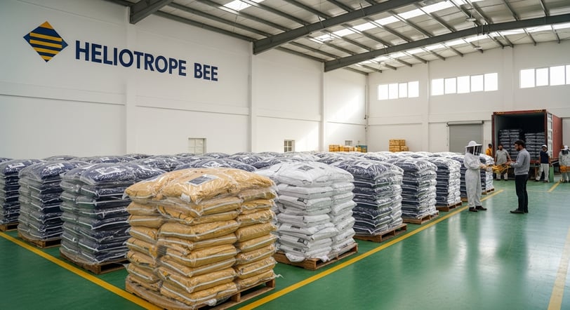 Heliotrope Bee warehouse with bulk orders of beekeeping suits.