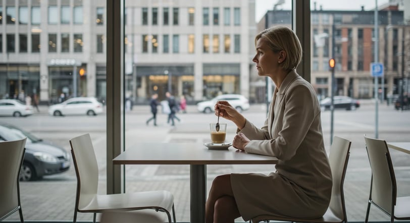 Menestyvä, mutta tukahtunutta arkea elävä nainen istuu kahvilassa ja miettii sisällään hiljaa: onko tässä kaikki?