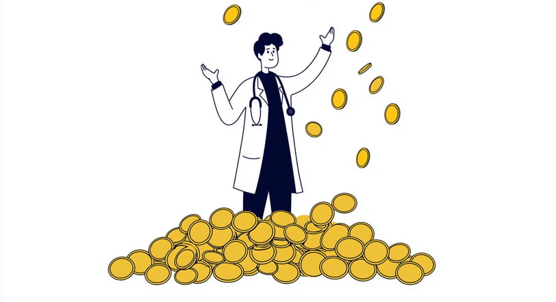 A doctor throwing up gold coins to represent how medical bookkeeping saves money