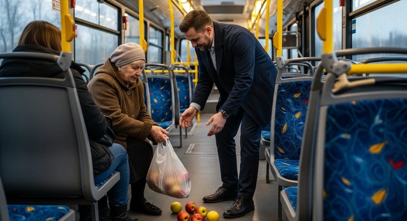 Mies auttaa naista keräämään bussin lattialle tippuneet omenat. Hymyt kohtaavat.
