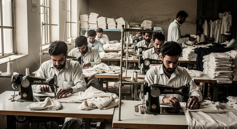 Tailors manufacturing bee jackets inside Heliotrope Bee factory in Sialkot.