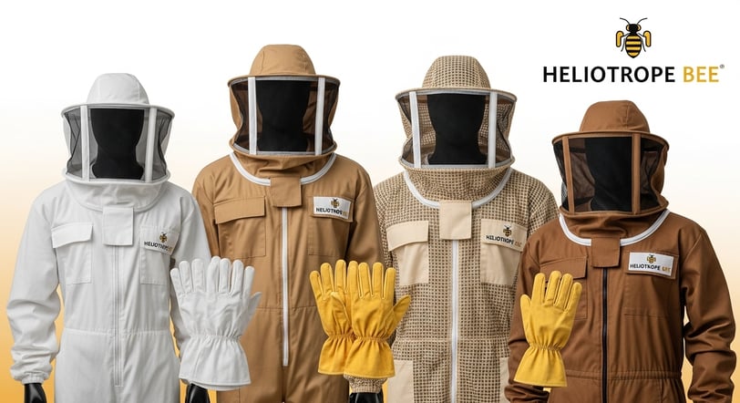 Product lineup of beekeeping suits and jackets made by Heliotrope Bee
