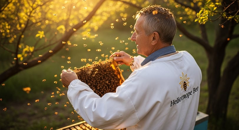 Beekeeper in ventilated bee suit by Heliotrope Bee working around hives.