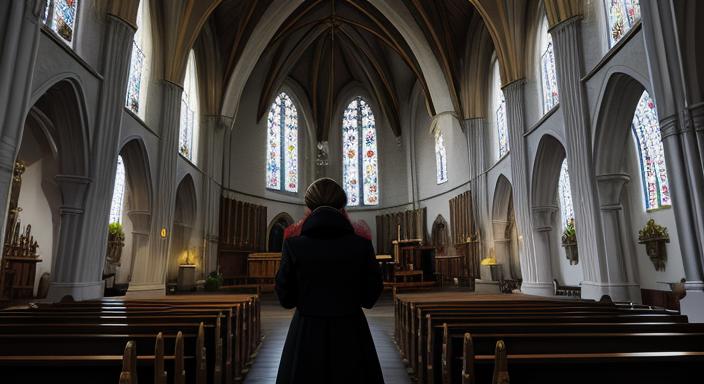 a woman in a black dress standing in a church