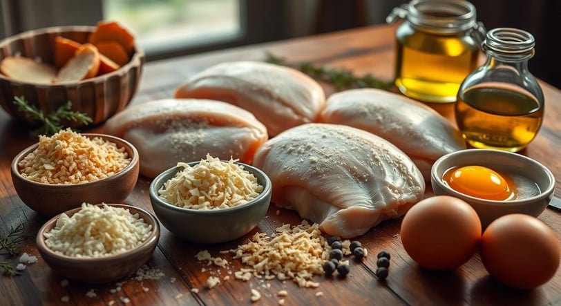 a table with eggs, chicken, and cheese