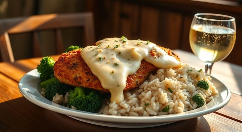 Parmesan dark Crusted Chicken with Creamy Garlic Sauce on top with green bebroccili and rice pilaf