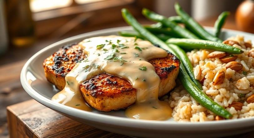 Parmesan dark Crusted Chicken with Creamy Garlic Sauce on top with green beans and rice pilaf as th