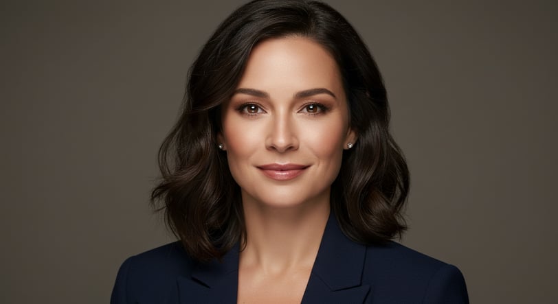 a professional headshot of a woman in a blue suit