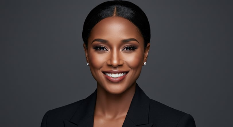 a woman in a black suit and earrings wearing professional makeup