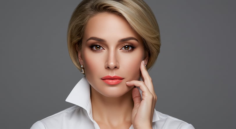 a woman with blonde hair and a white shirt wearing coral lipstick