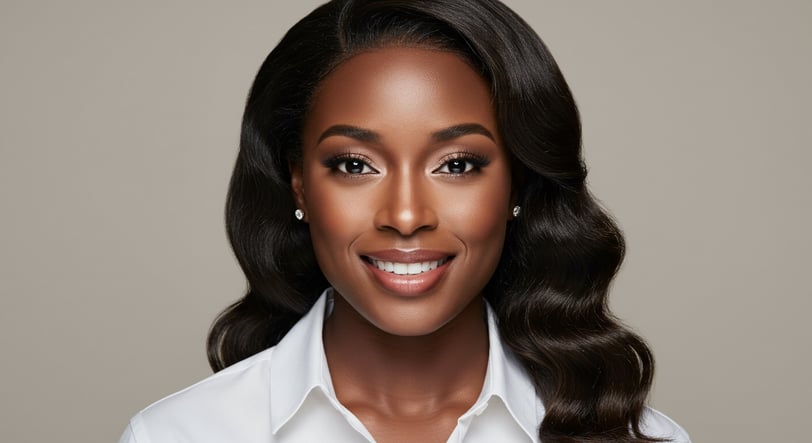 a professional headshot of a woman smiling with a white shirt and professional makeup
