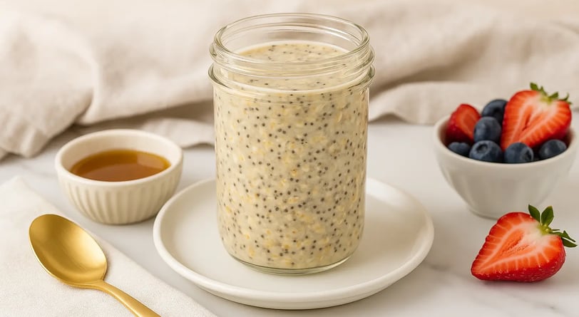 A jar of overnight oats on a white plate with honey, strawberries, and blueberries.